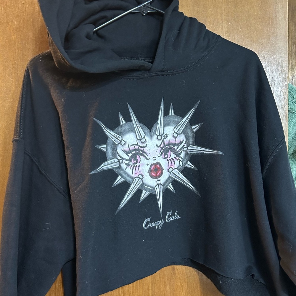 Black Cropped Hoodie with Spiked Heart Design